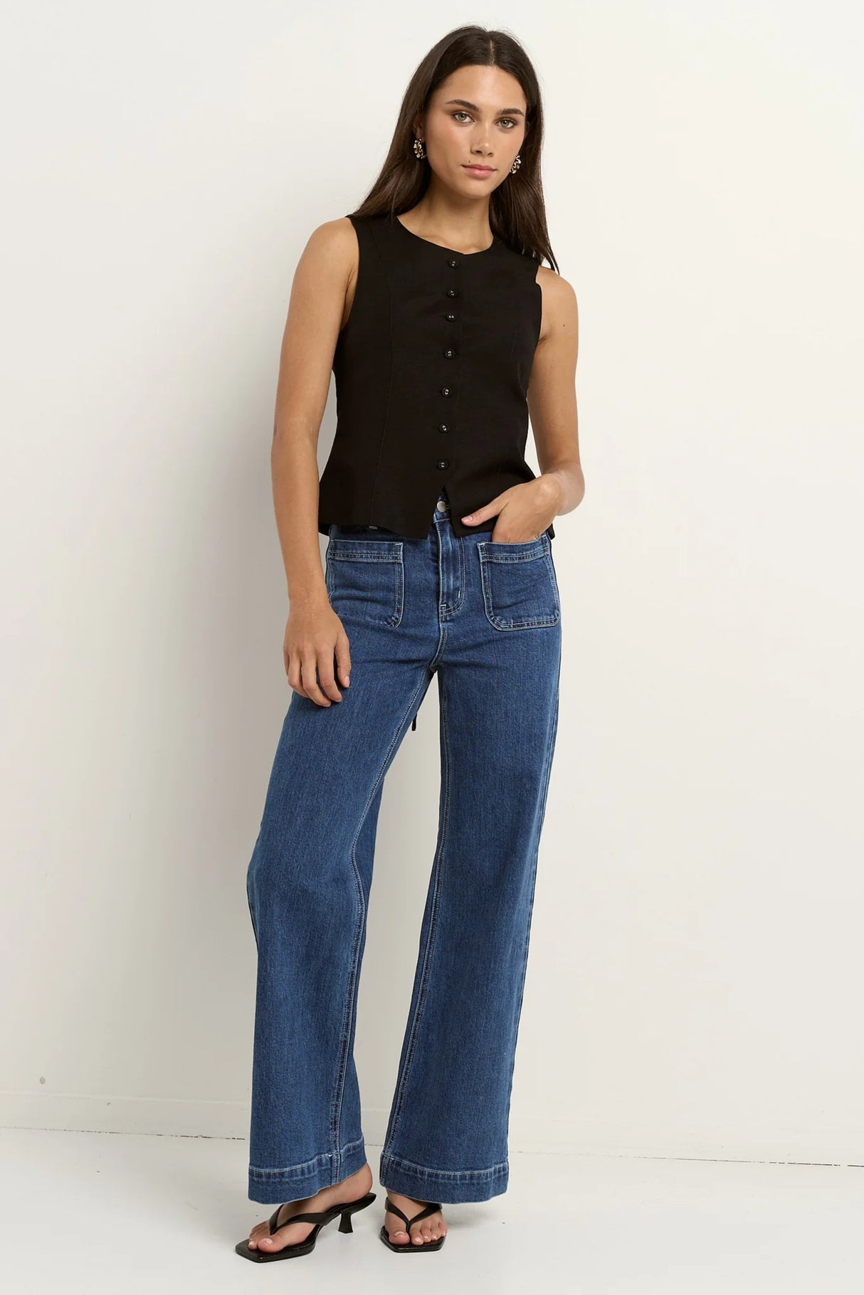 Re:Union Label Infusion Black Linen Viscose Sleeveless Vest - Black