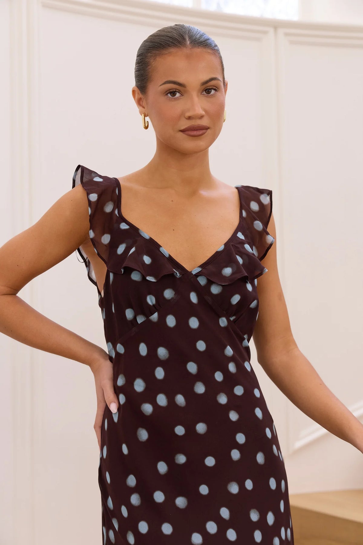 Georgia Zoe Joyous Chocolate Blue Polka Dot Georgette Bias Slip Maxi Dress