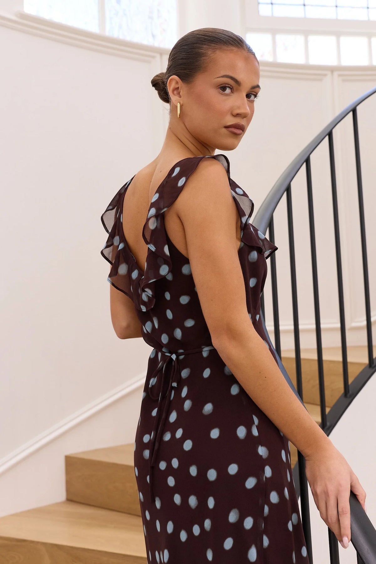 Georgia Zoe Joyous Chocolate Blue Polka Dot Georgette Bias Slip Maxi Dress