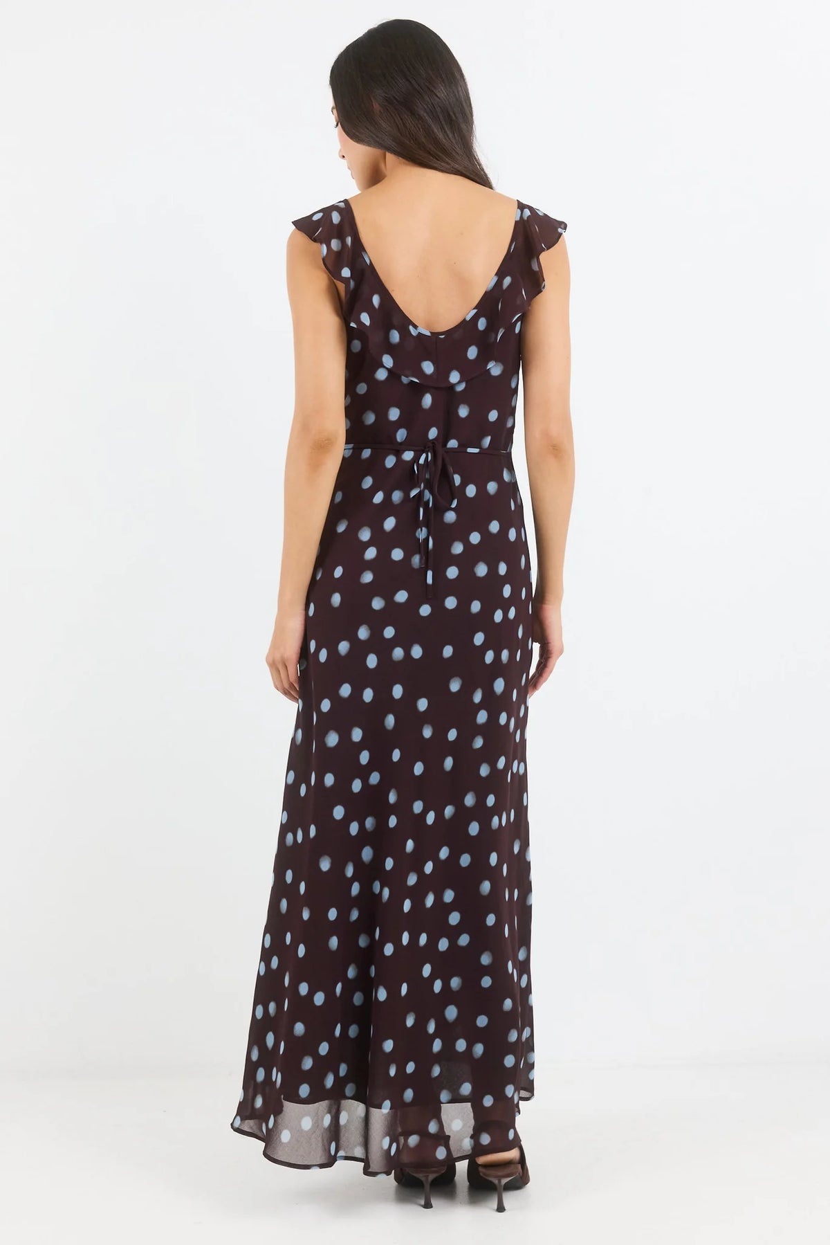 Georgia Zoe Joyous Chocolate Blue Polka Dot Georgette Bias Slip Maxi Dress