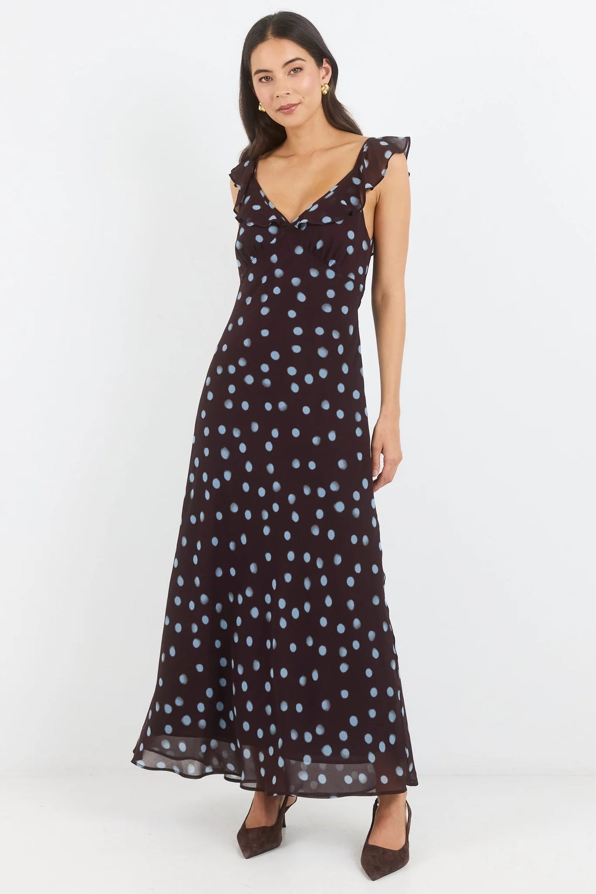 Georgia Zoe Joyous Chocolate Blue Polka Dot Georgette Bias Slip Maxi Dress
