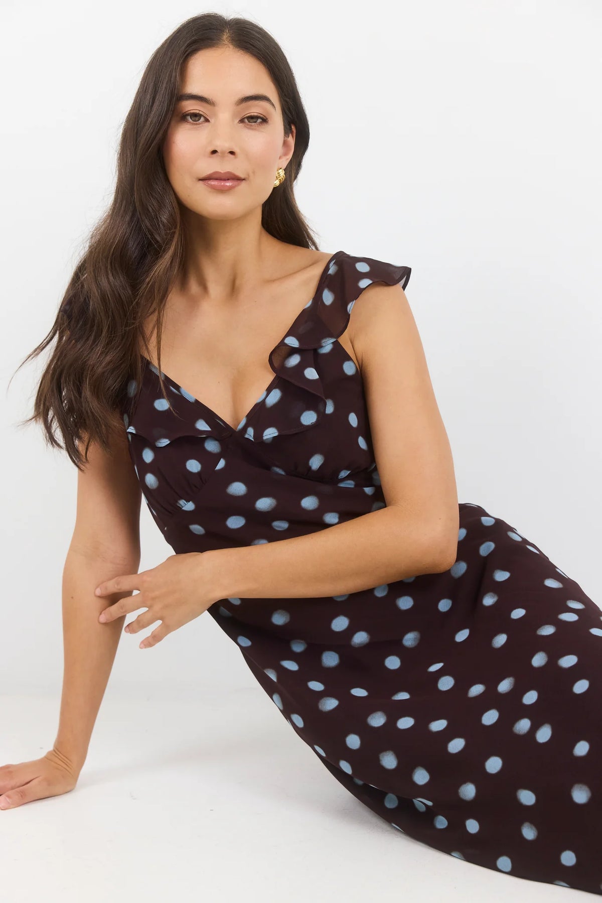 Georgia Zoe Joyous Chocolate Blue Polka Dot Georgette Bias Slip Maxi Dress