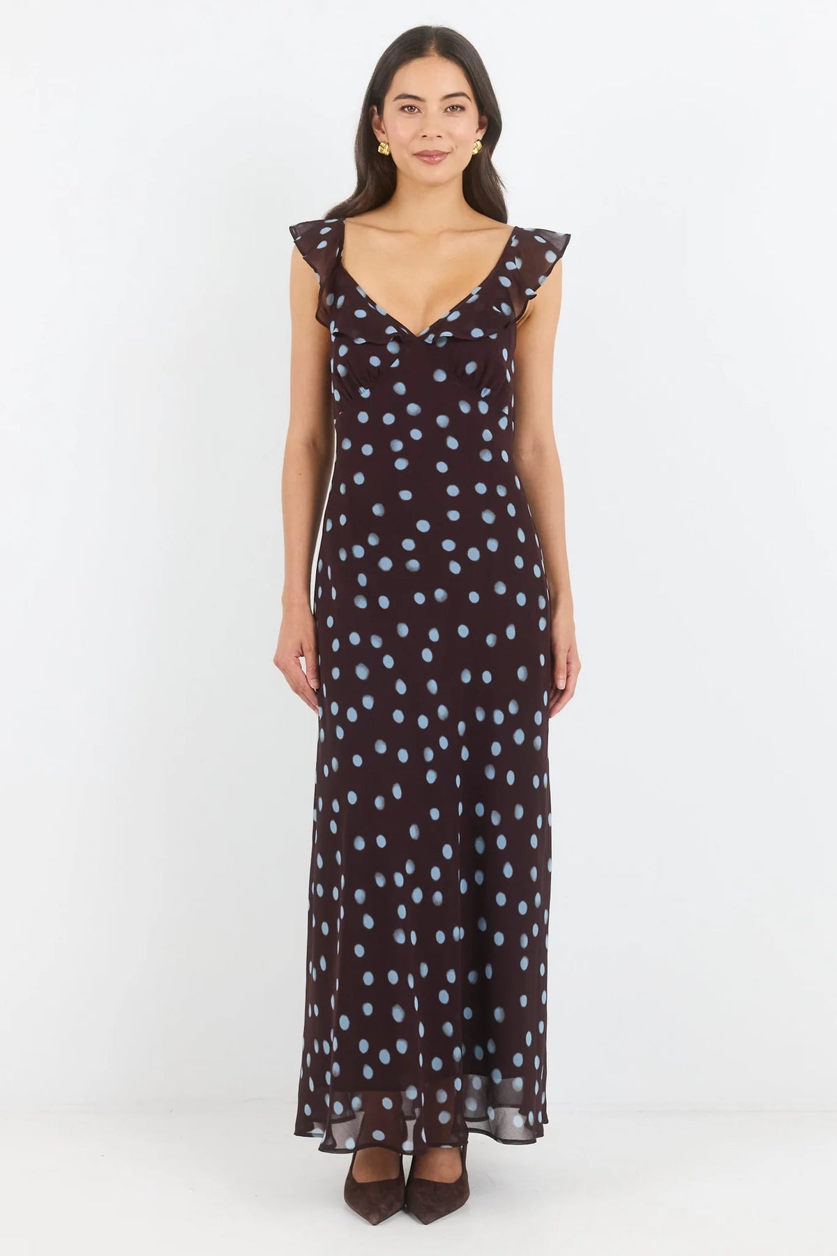 Georgia Zoe Joyous Chocolate Blue Polka Dot Georgette Bias Slip Maxi Dress