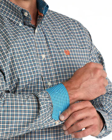 Cinch Mens Plaid Blue/Orange Shirt MTW1105954