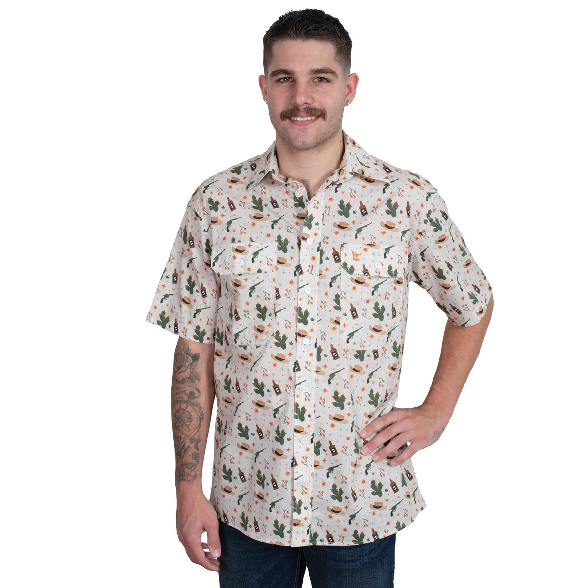 Just Country Men's Jordon Full Button Short Sleeve Work Shirt - Stone Western Scene
