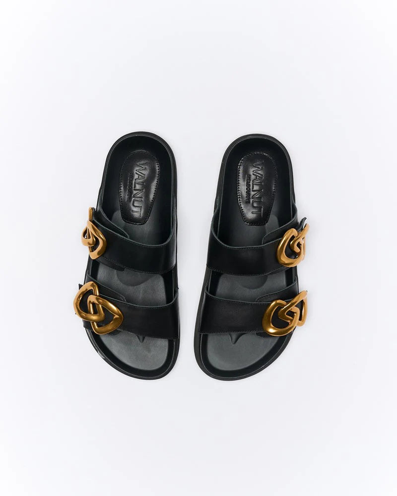 Walnut Ladies Meadow Leather Slides - Black