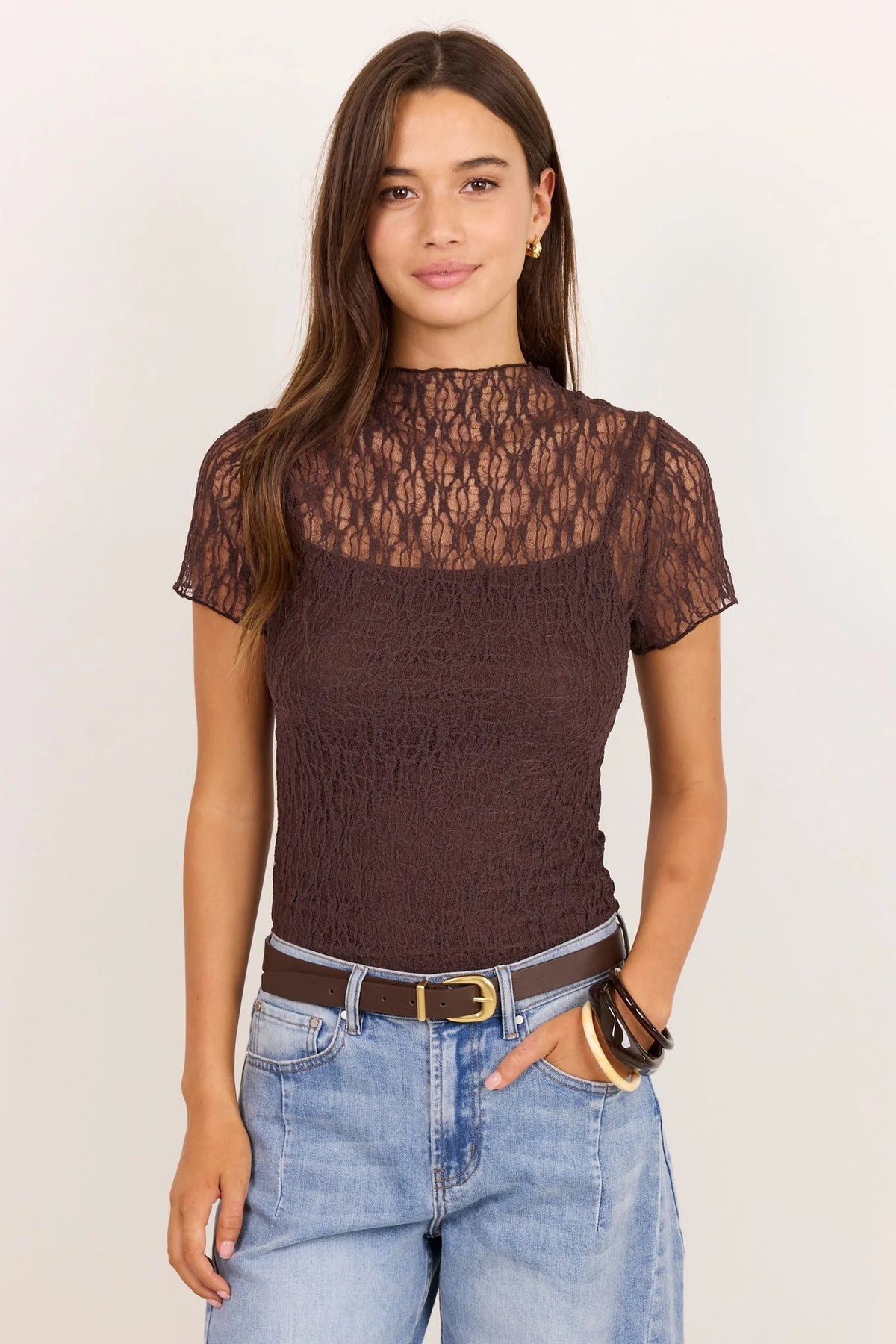 Providing Chocolate Lace Short Sleeve Top