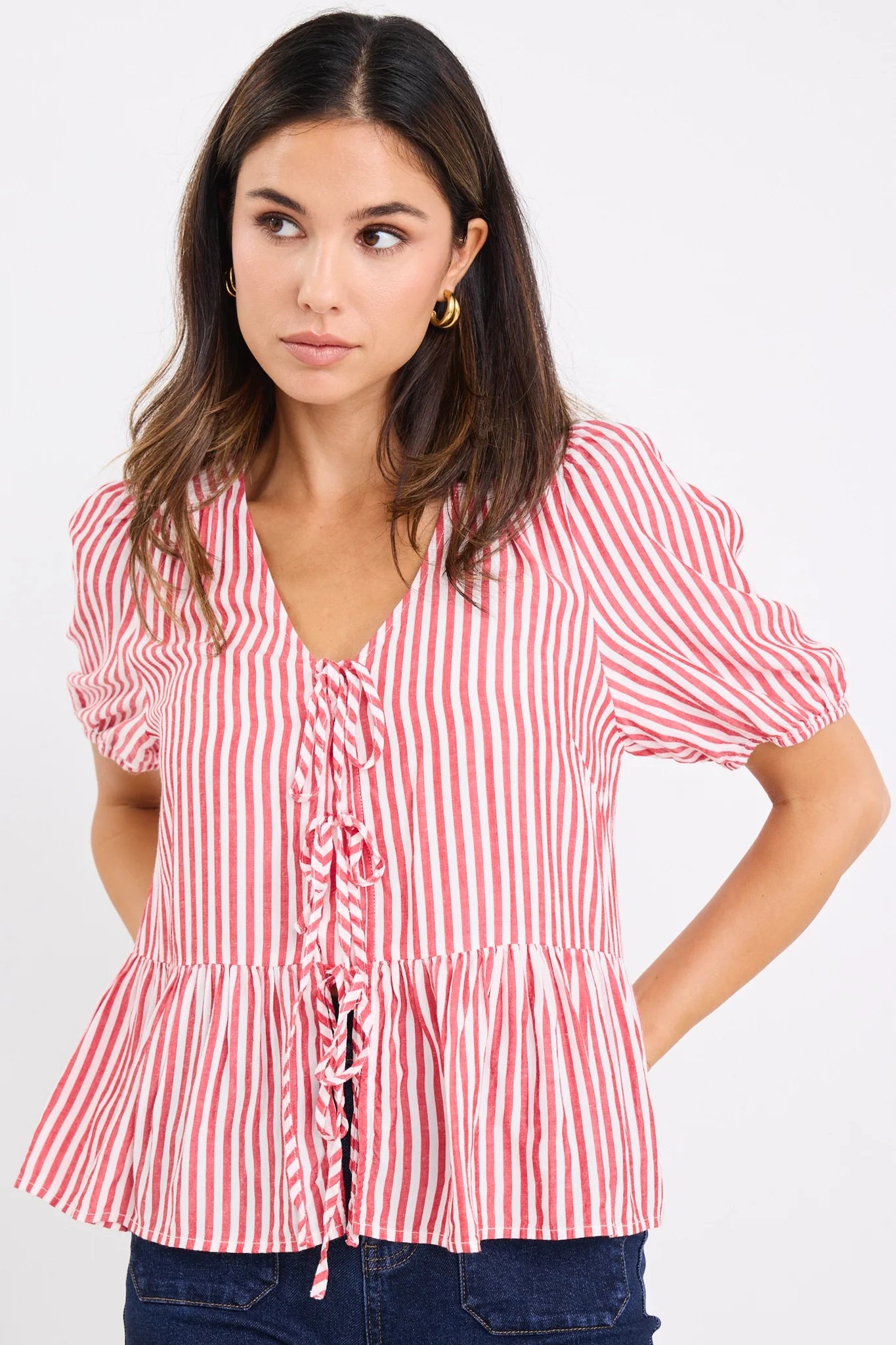 Flo & Frankie Ladies Restore Red Stripe Tie Front Peplum Short Sleeve Top
