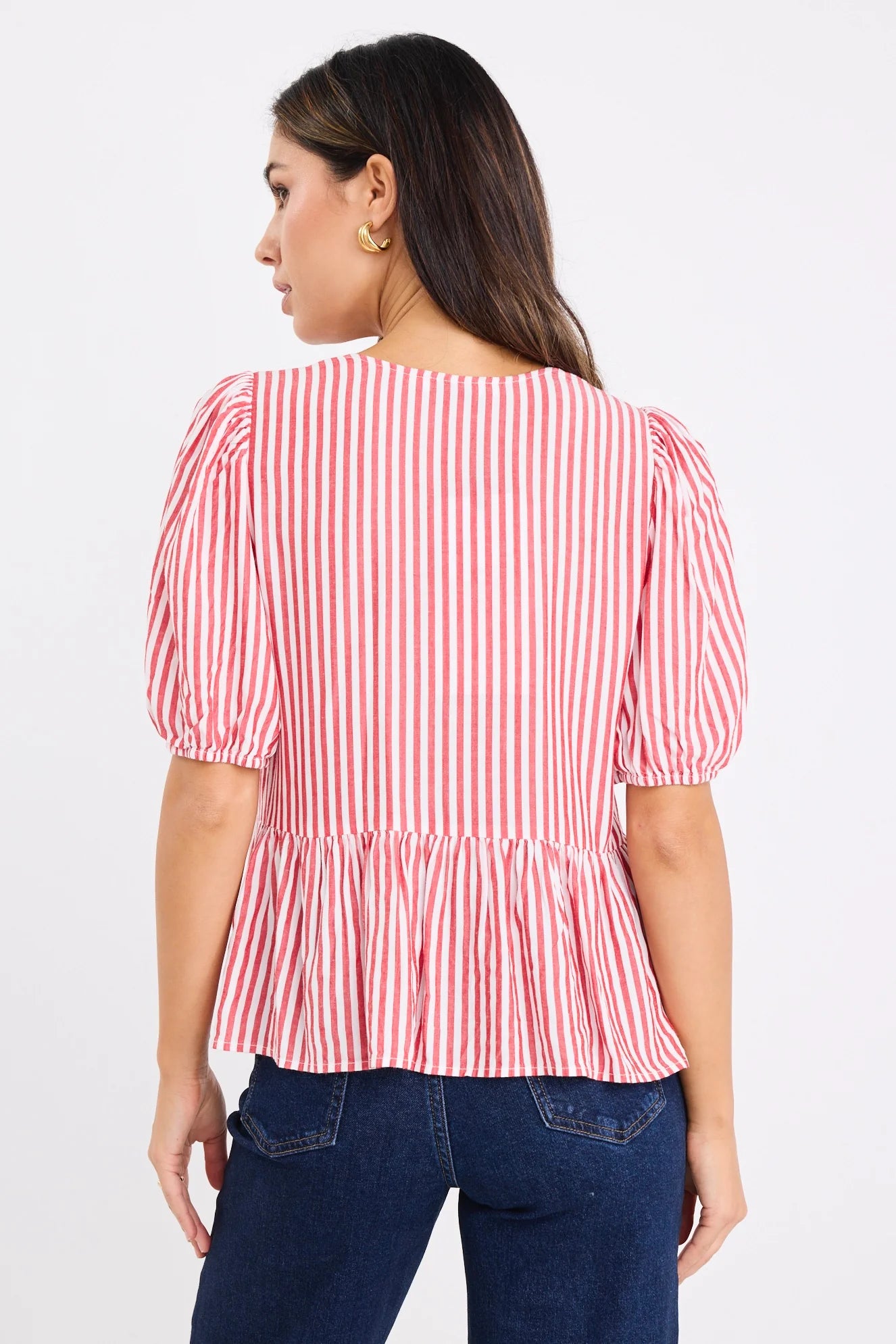 Flo & Frankie Ladies Restore Red Stripe Tie Front Peplum Short Sleeve Top