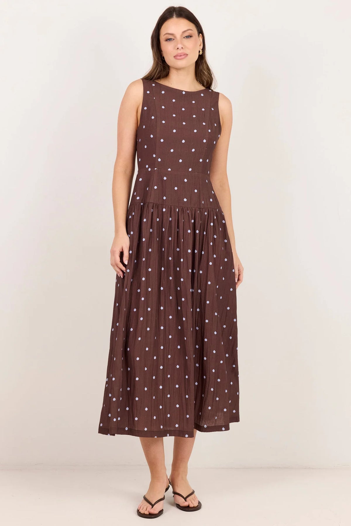 Stories Be Told Results Blue Mocha Polka Dot Shirred Back Sleeveless Maxi Dress