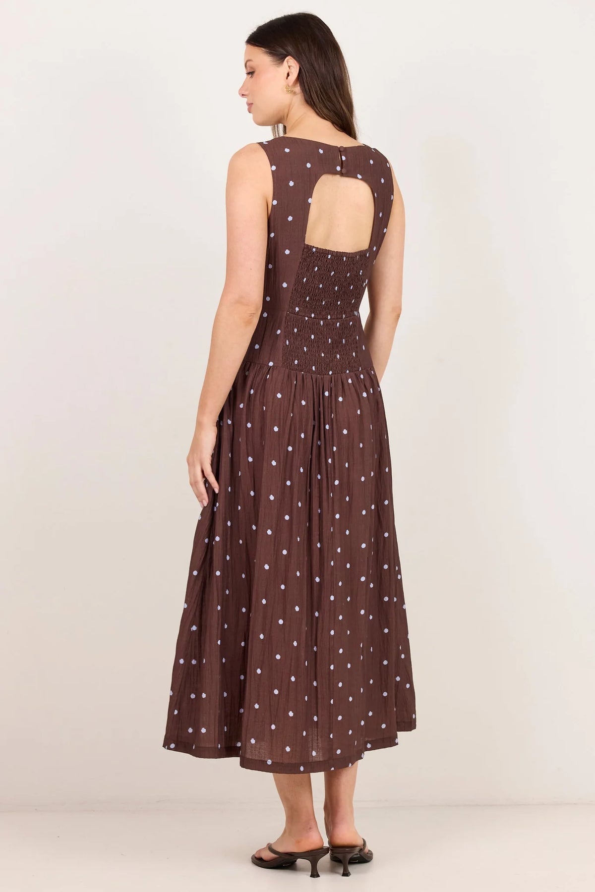 Stories Be Told Results Blue Mocha Polka Dot Shirred Back Sleeveless Maxi Dress
