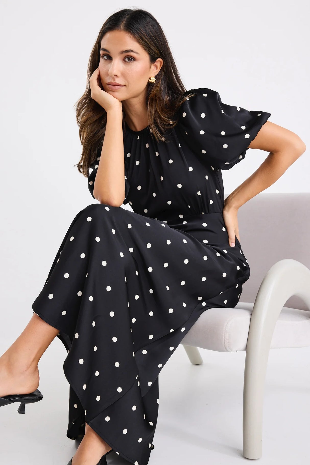 Flo & Frankie Ladies Stage Polka Dot Puff Sleeve Maxi Dress