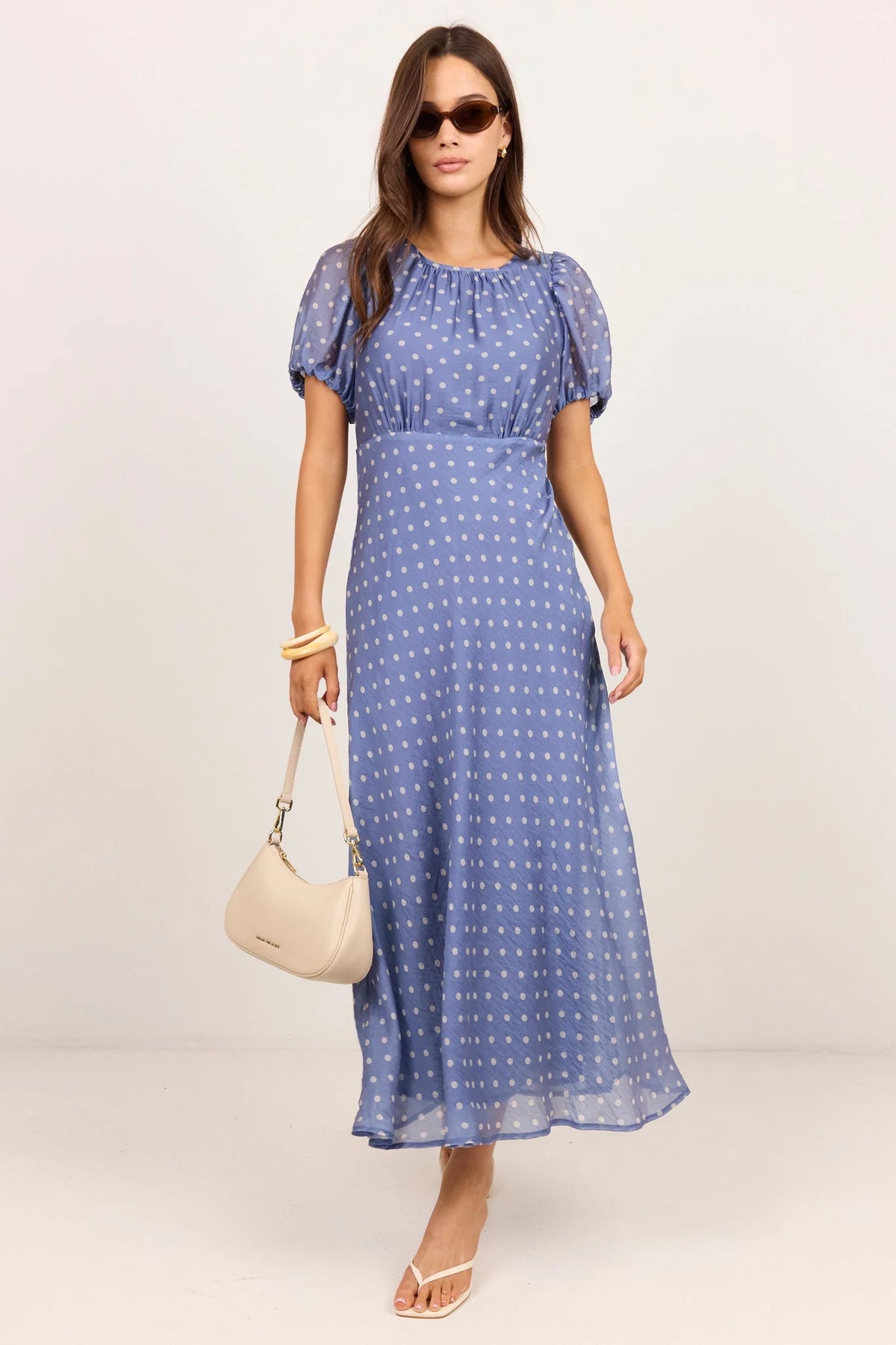 Stories Be Told Stage Blue Sheer Polka Dot Puff Sleeve Floaty Maxi Dress