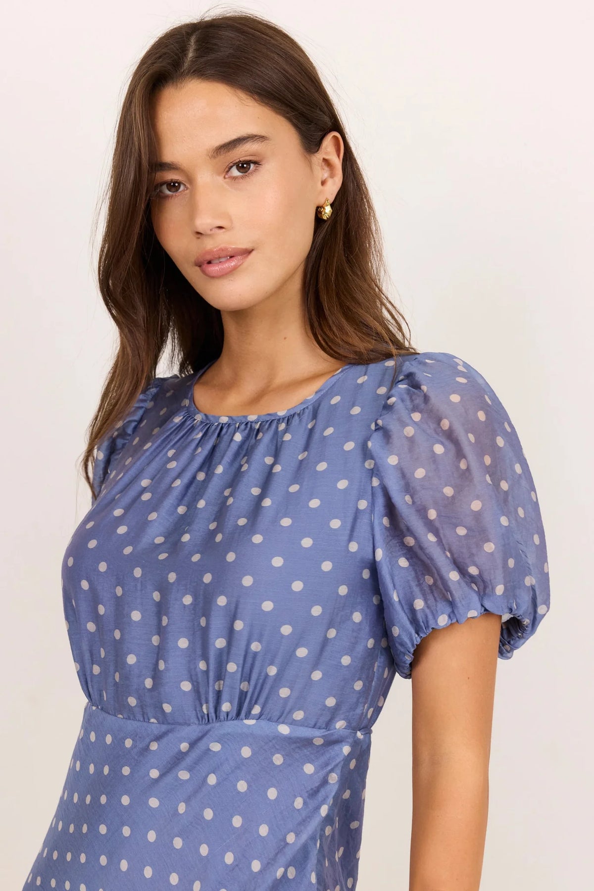Stories Be Told Stage Blue Sheer Polka Dot Puff Sleeve Floaty Maxi Dress