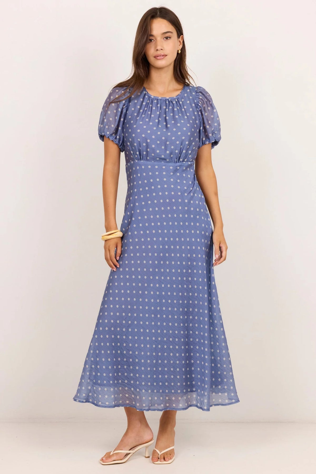 Stories Be Told Stage Blue Sheer Polka Dot Puff Sleeve Floaty Maxi Dress