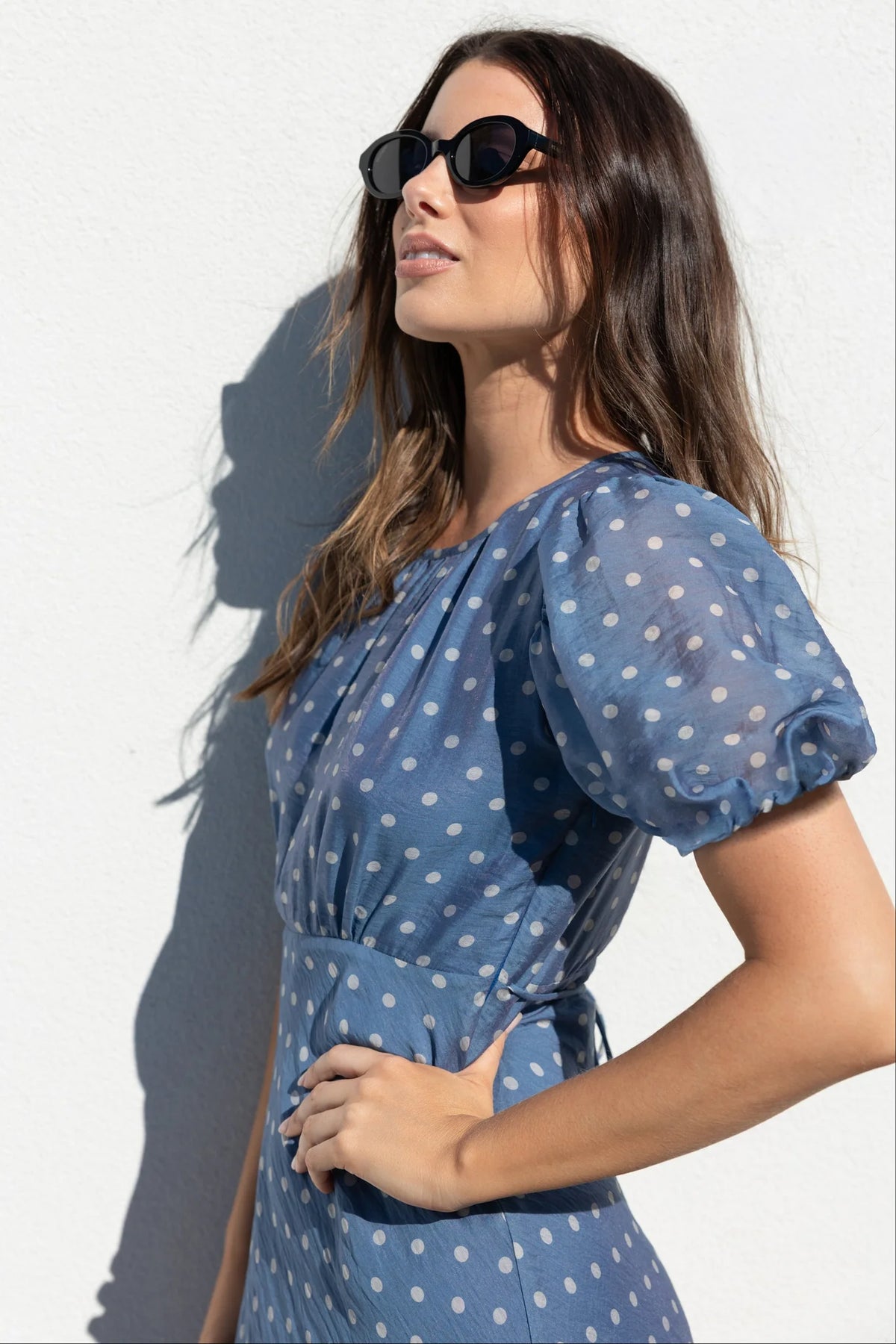 Stories Be Told Stage Blue Sheer Polka Dot Puff Sleeve Floaty Maxi Dress