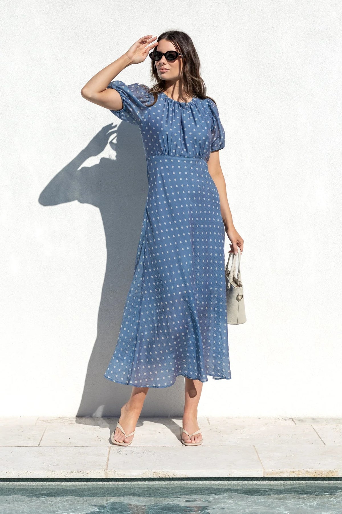 Stories Be Told Stage Blue Sheer Polka Dot Puff Sleeve Floaty Maxi Dress