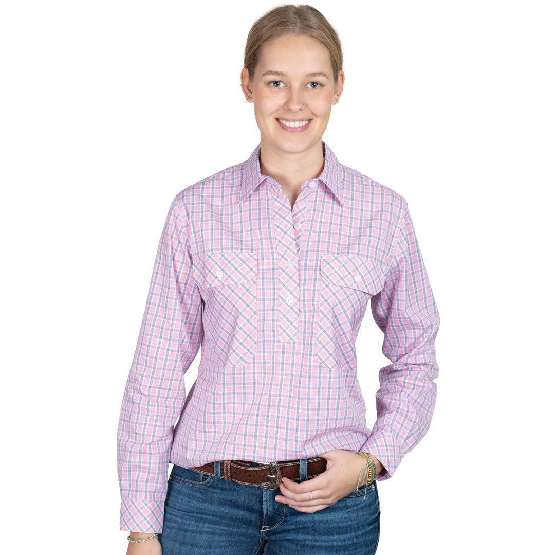 Just Country Ladies Georgie Shirt in Light Pink & Navy Plaid