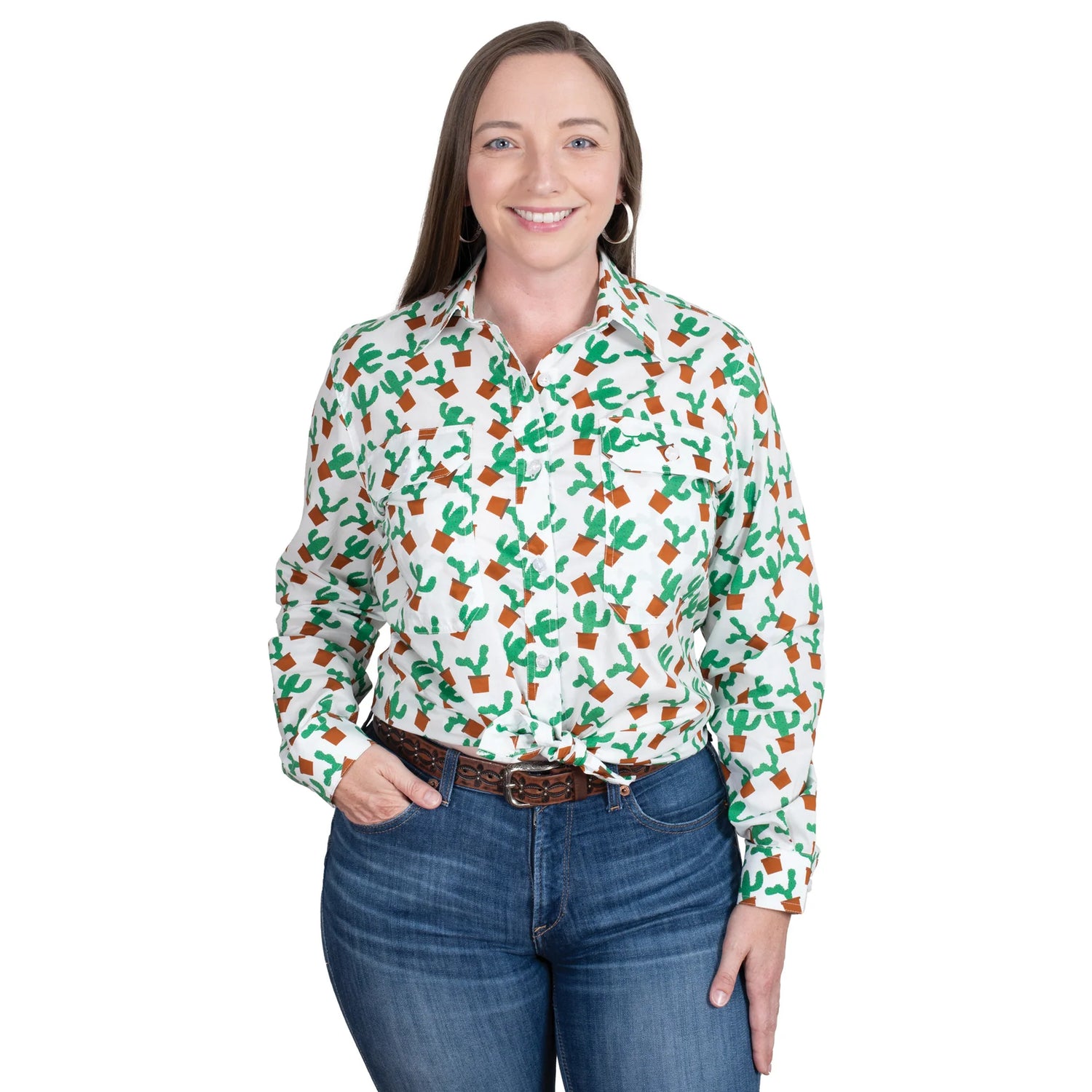 Just Country Ladies Abbey Full Button Print Work Shirt - White Potted Cactus