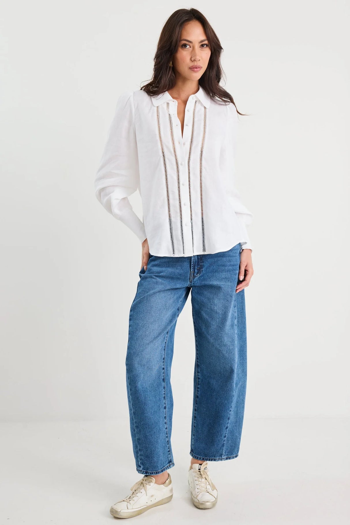 By Rosa Ladies Zinnia White Ramie Lace Trim Long Sleeve Shirt