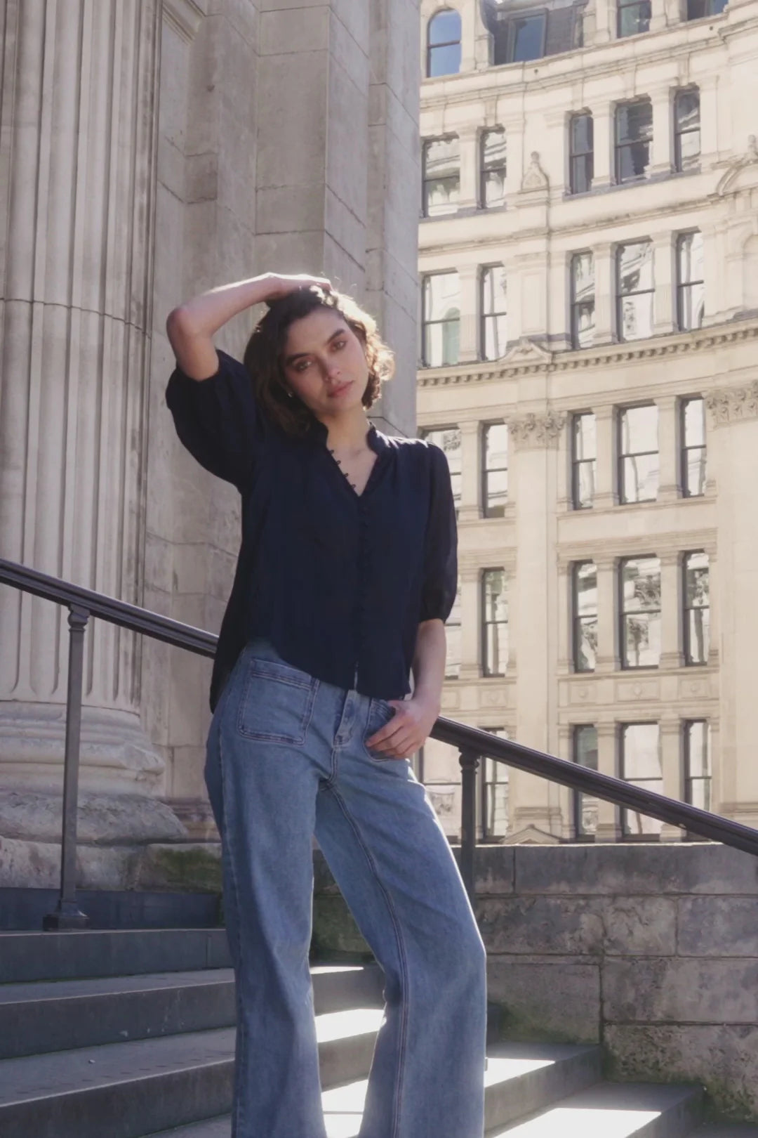 Continuance Navy Ramie High Neck Buttoned SS Top