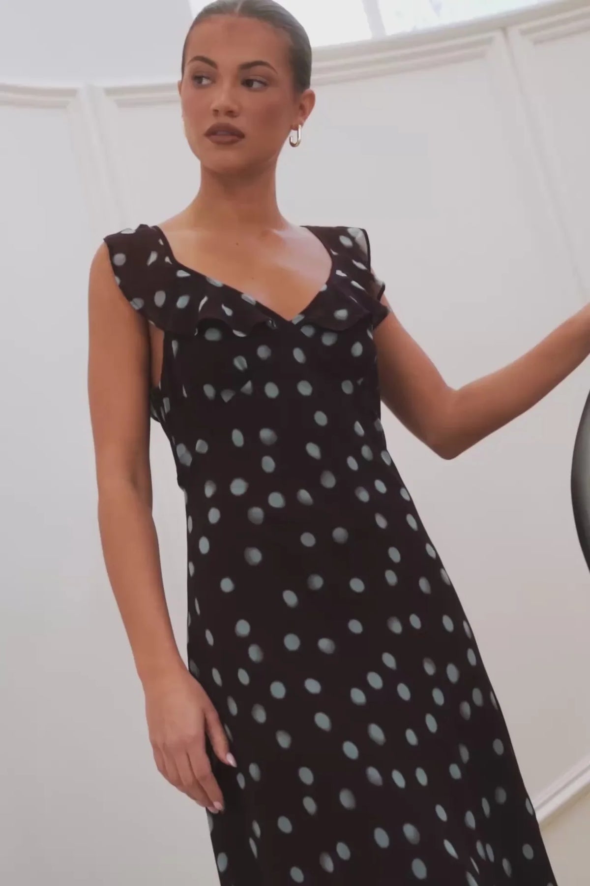 Georgia Zoe Joyous Chocolate Blue Polka Dot Georgette Bias Slip Maxi Dress