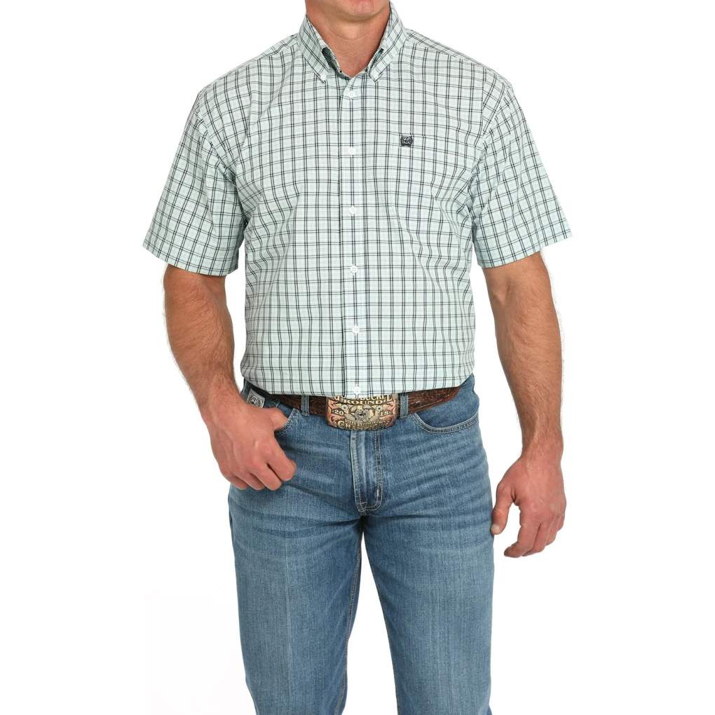 Cinch Mens Classic Short Sleeve Check Shirt - Turquoise - MTW1111487