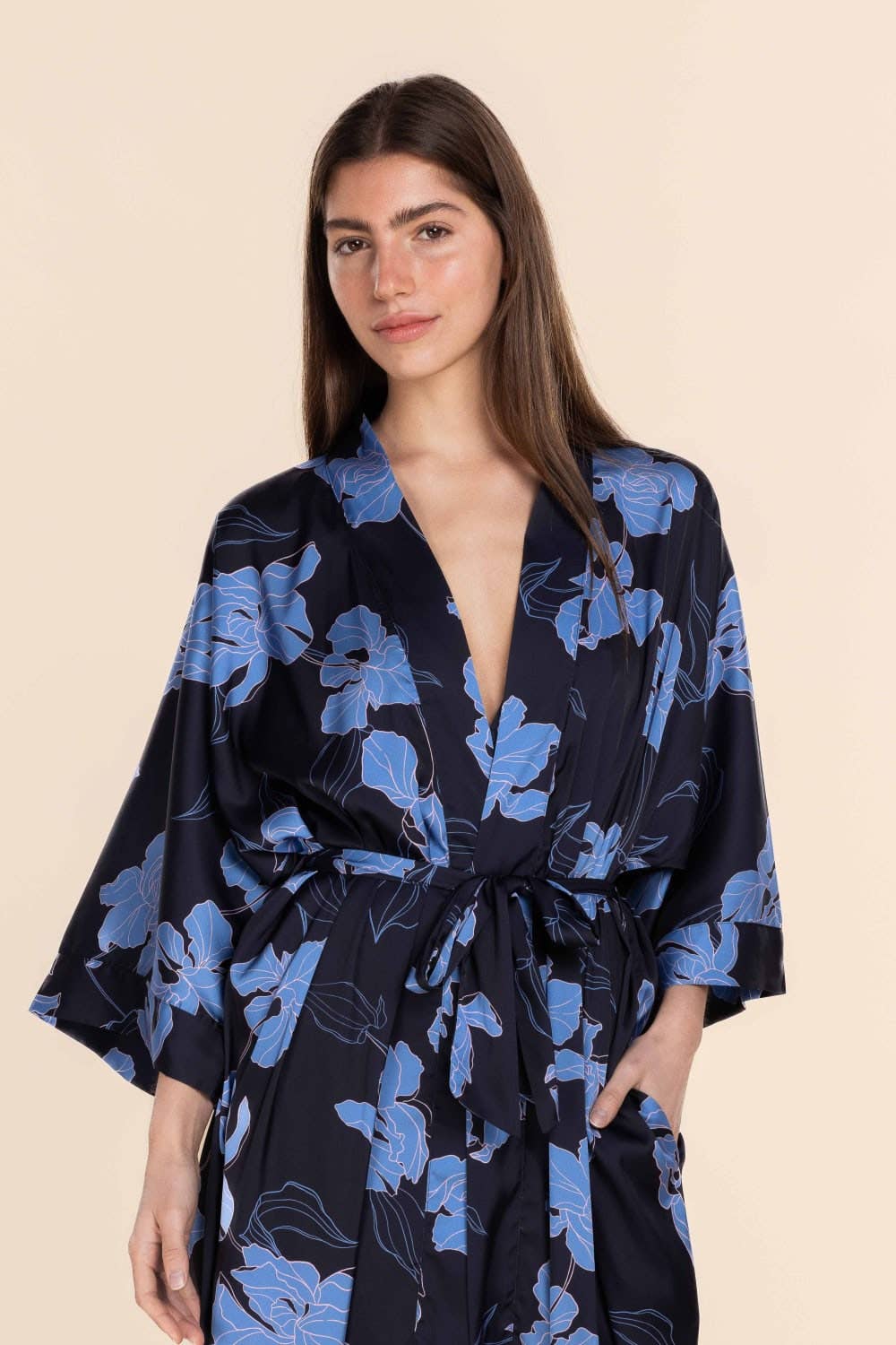 Gingerlilly Recycled Silky Satin Long Robe - Daisy Navy Floral Print
