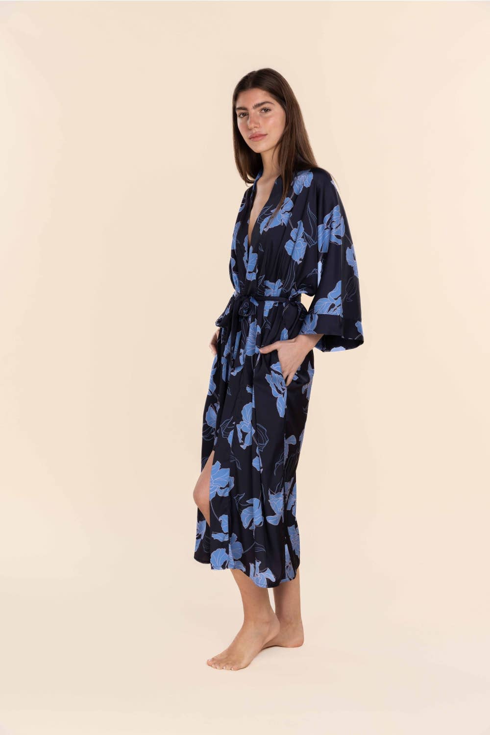Gingerlilly Recycled Silky Satin Long Robe - Daisy Navy Floral Print