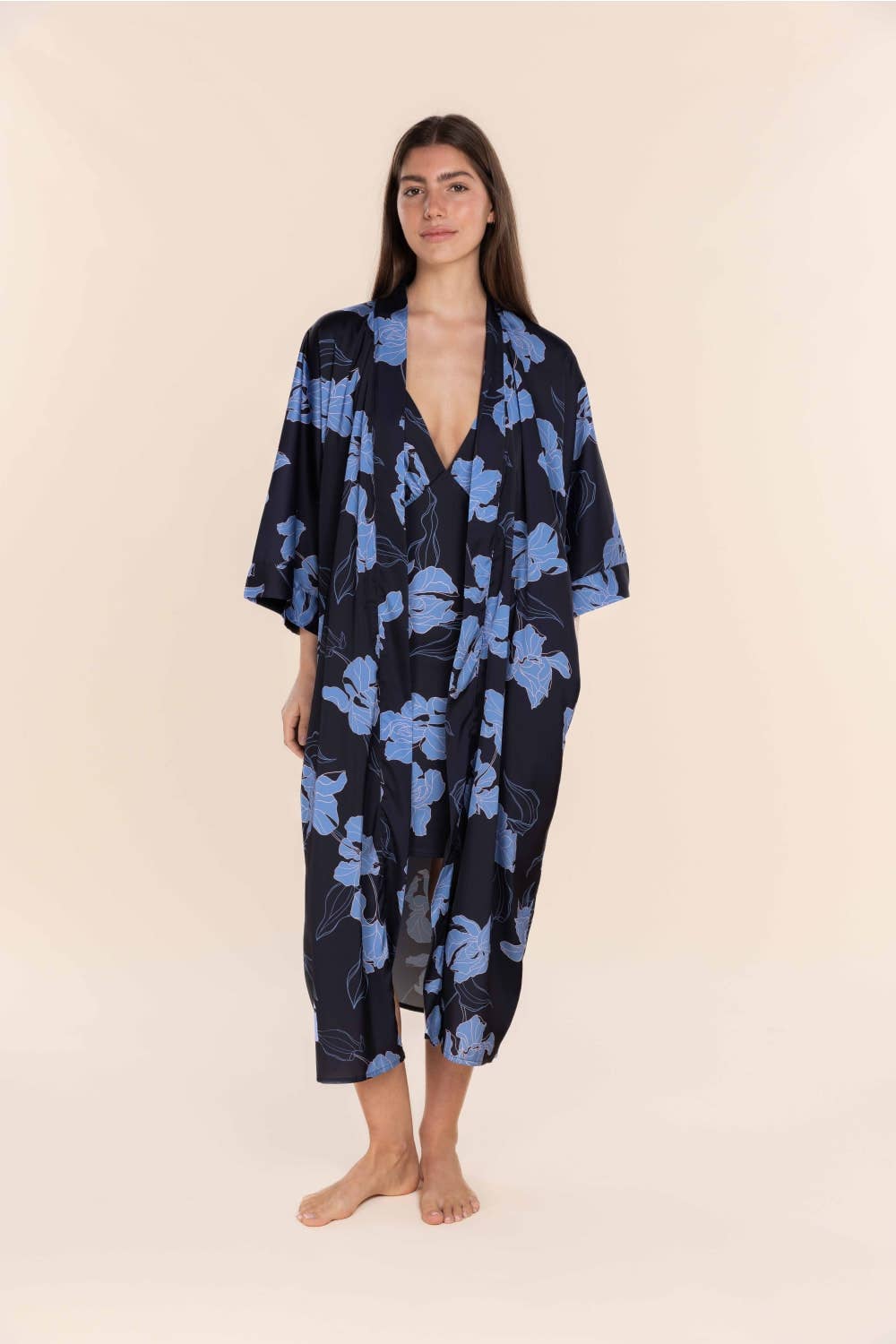Gingerlilly Recycled Silky Satin Long Robe - Daisy Navy Floral Print