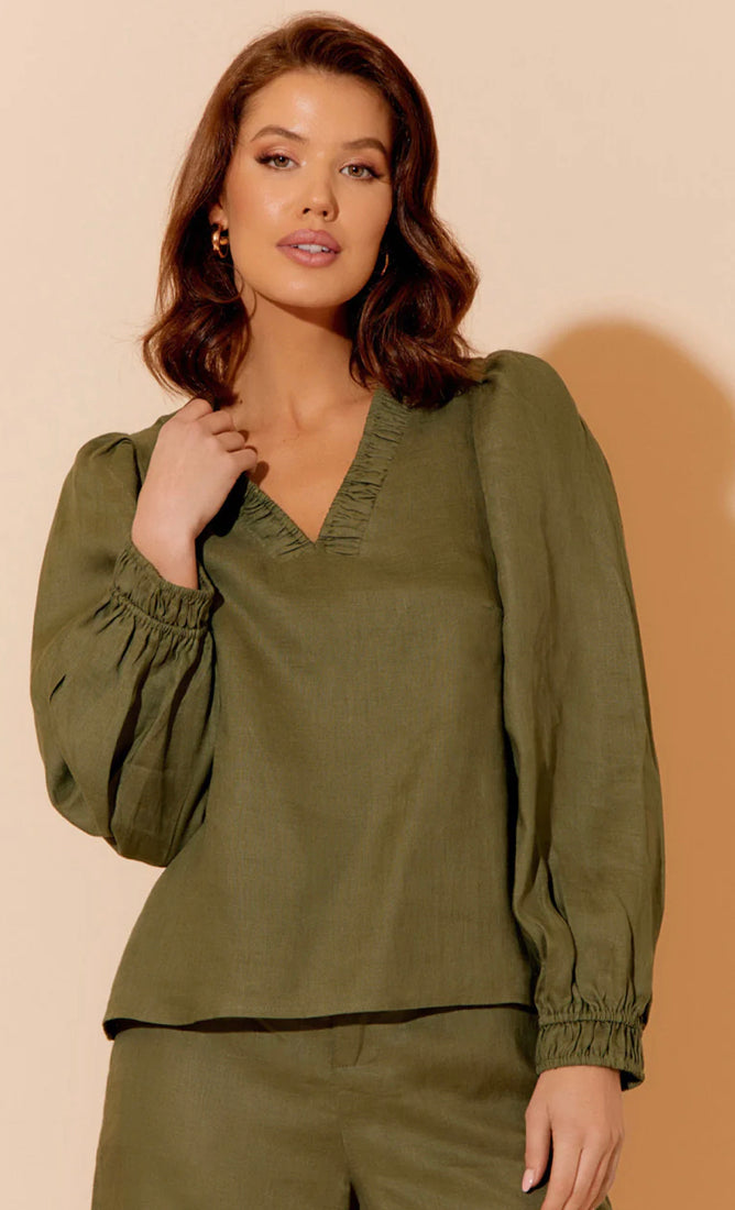Adorne Ladies Esmeralda Linen Top - Khaki