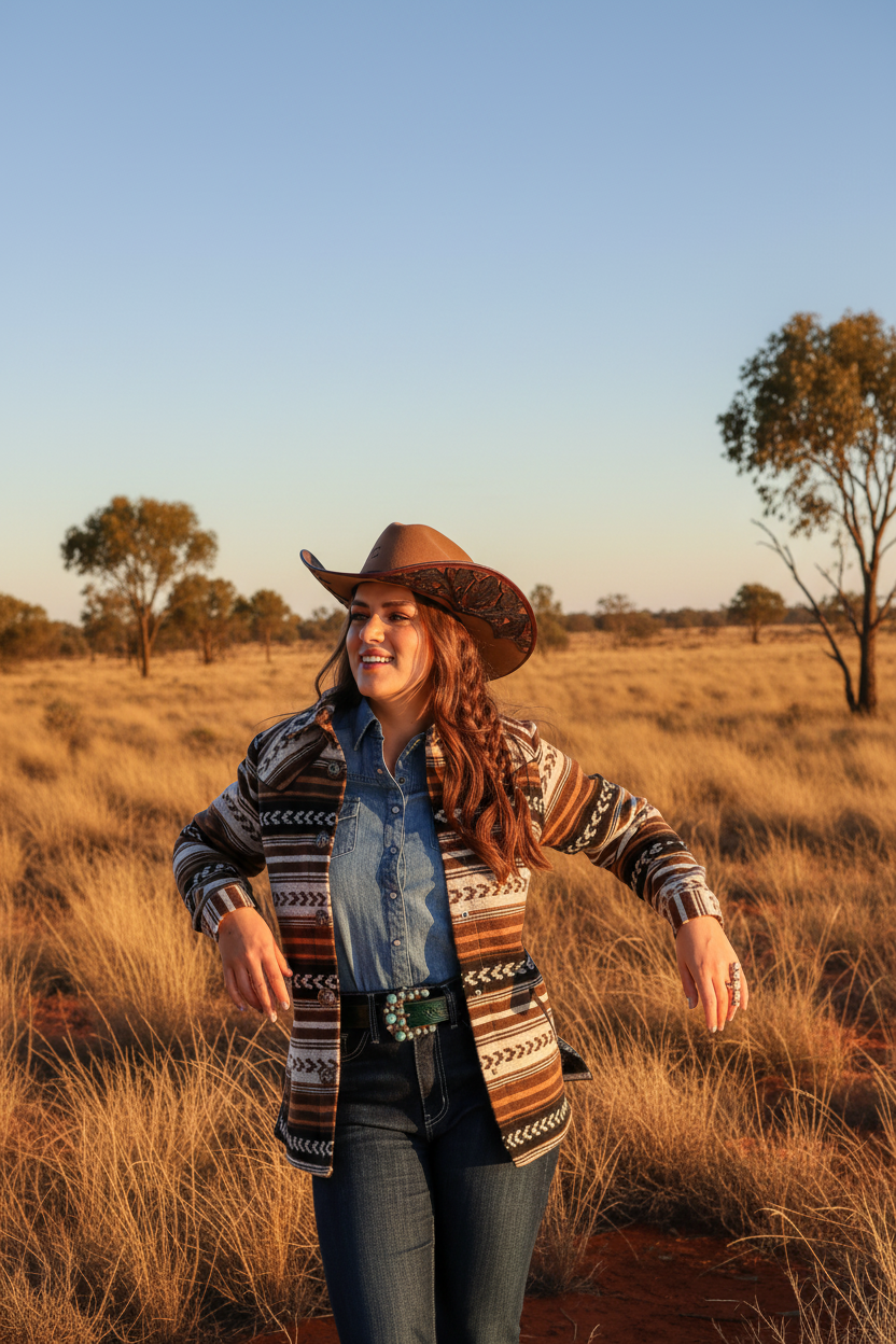 Woman wearing Cinch Ladies Concho Brown Western Striped Jacket in Australian outback setting