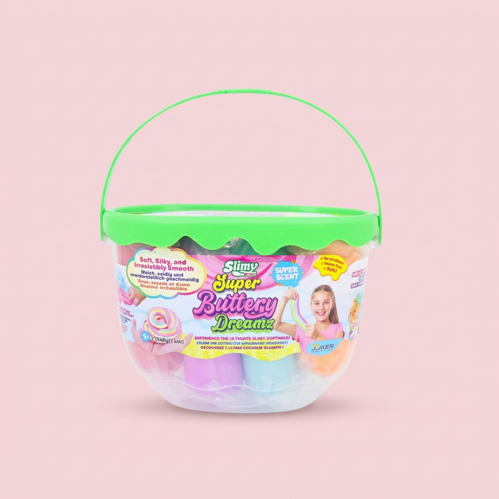 Slimy Super Buttery Dreamz green bucket on a blush-pink background