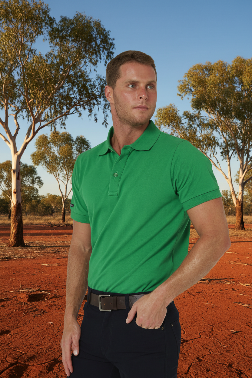 Man wearing Ritemate Pilbara Classic Polo in Emerald with Australian outback background