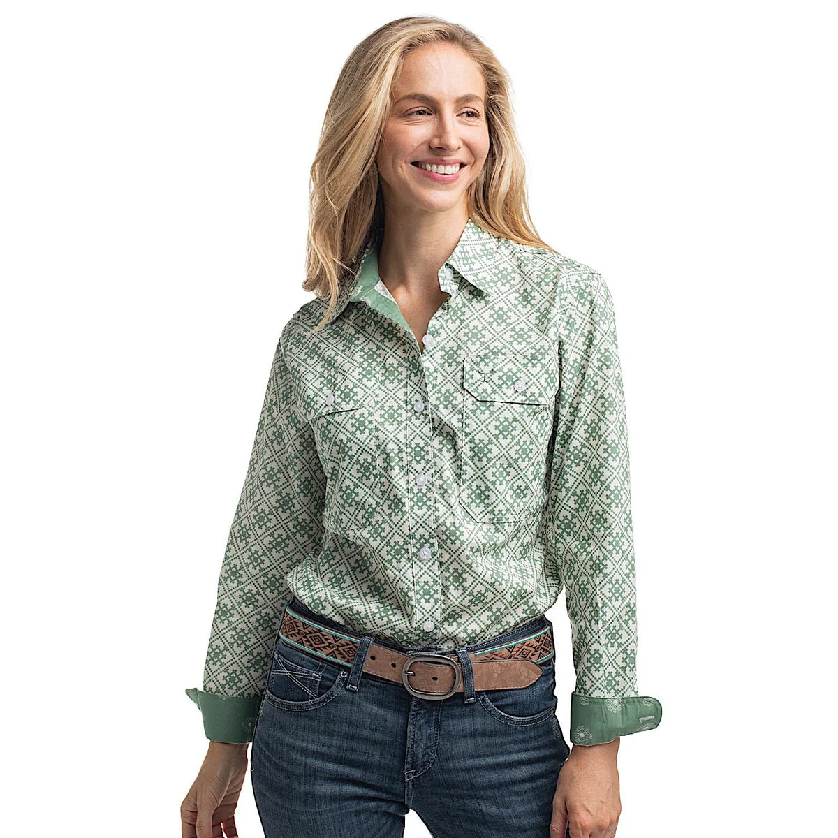 Just Country Women's Abbey Full Button Print Workshirt - White & Eucalyptus Tile