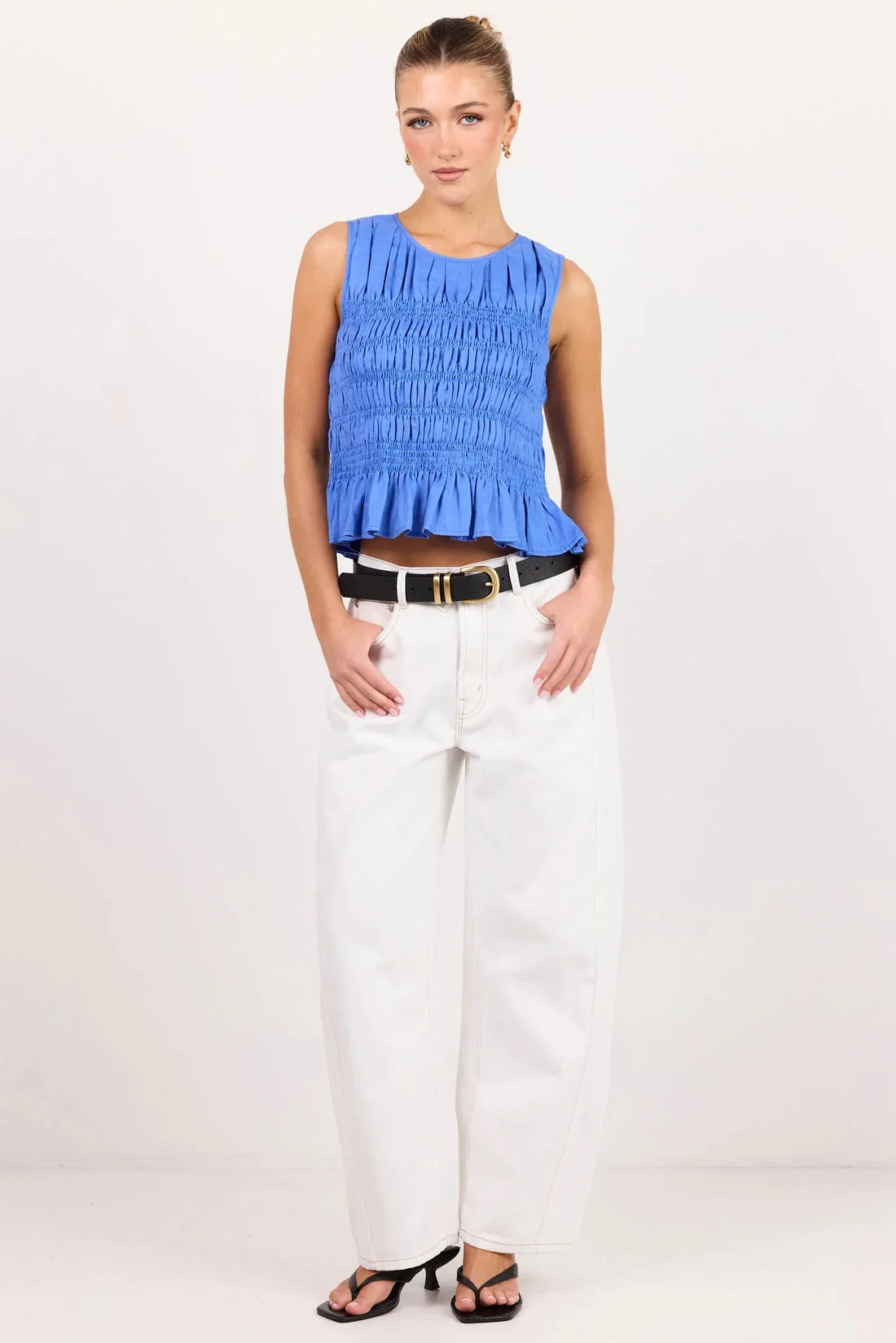 Among the Brave Impulsive Blue Linen Shirred Sleeveless Top