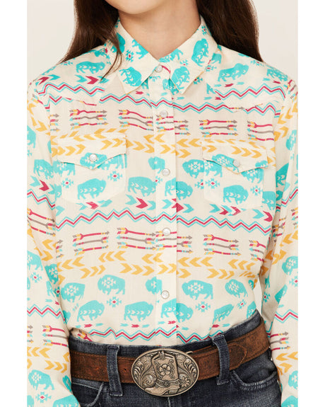 Roper Girls' Buffalo Southwestern Print Long Sleeve Snap Shirt