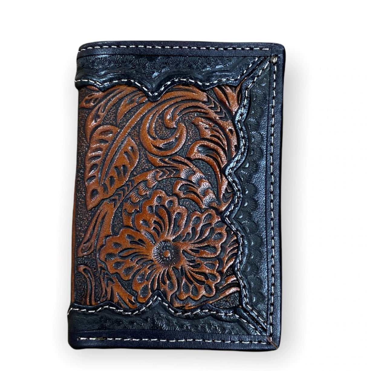 Roper Wallet - Tri-fold Tooled Leather Dark Brown