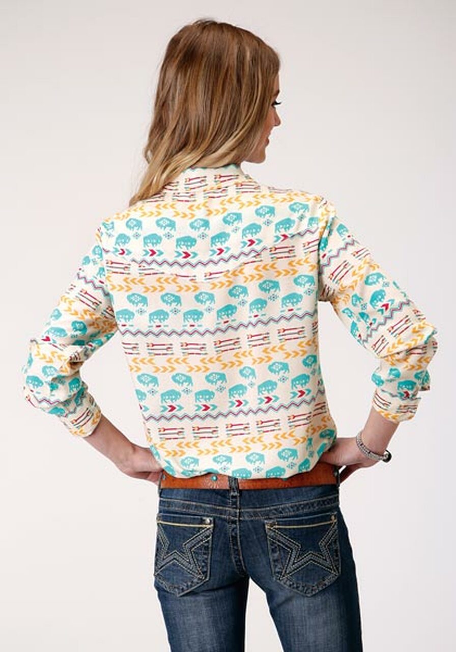 Roper Ladies White Buffalo Roam Print Long Sleeve Shirt