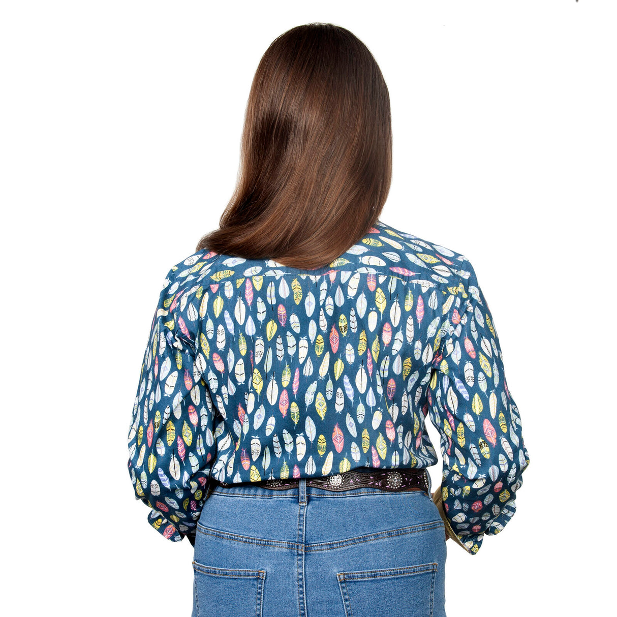 Just Country Girls Harper Half Button Print Work Shirt (GWLS2113) Denim Blue/Butter Feathers