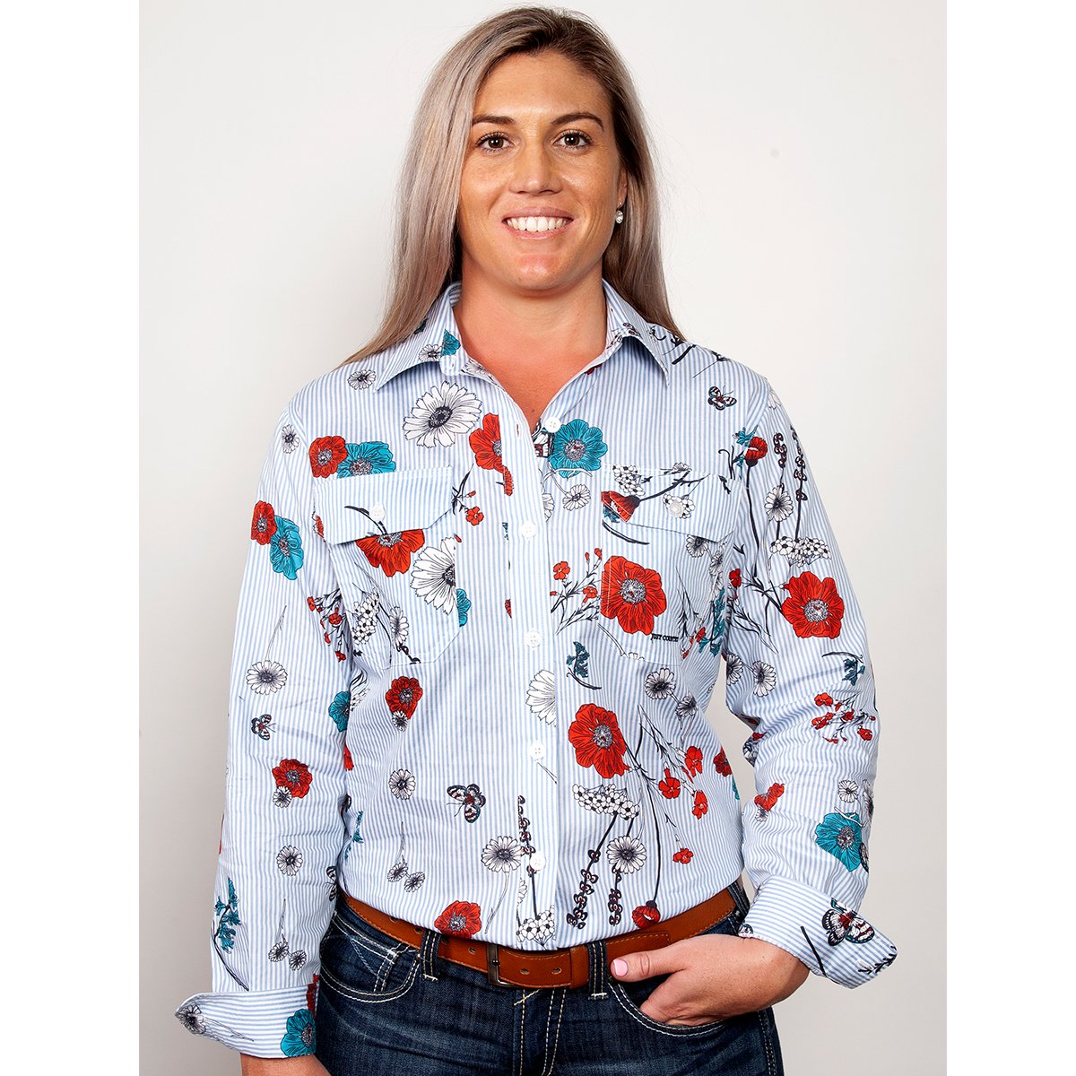 Just Country Ladies Abbey Full Button Shirt Blue Stripe