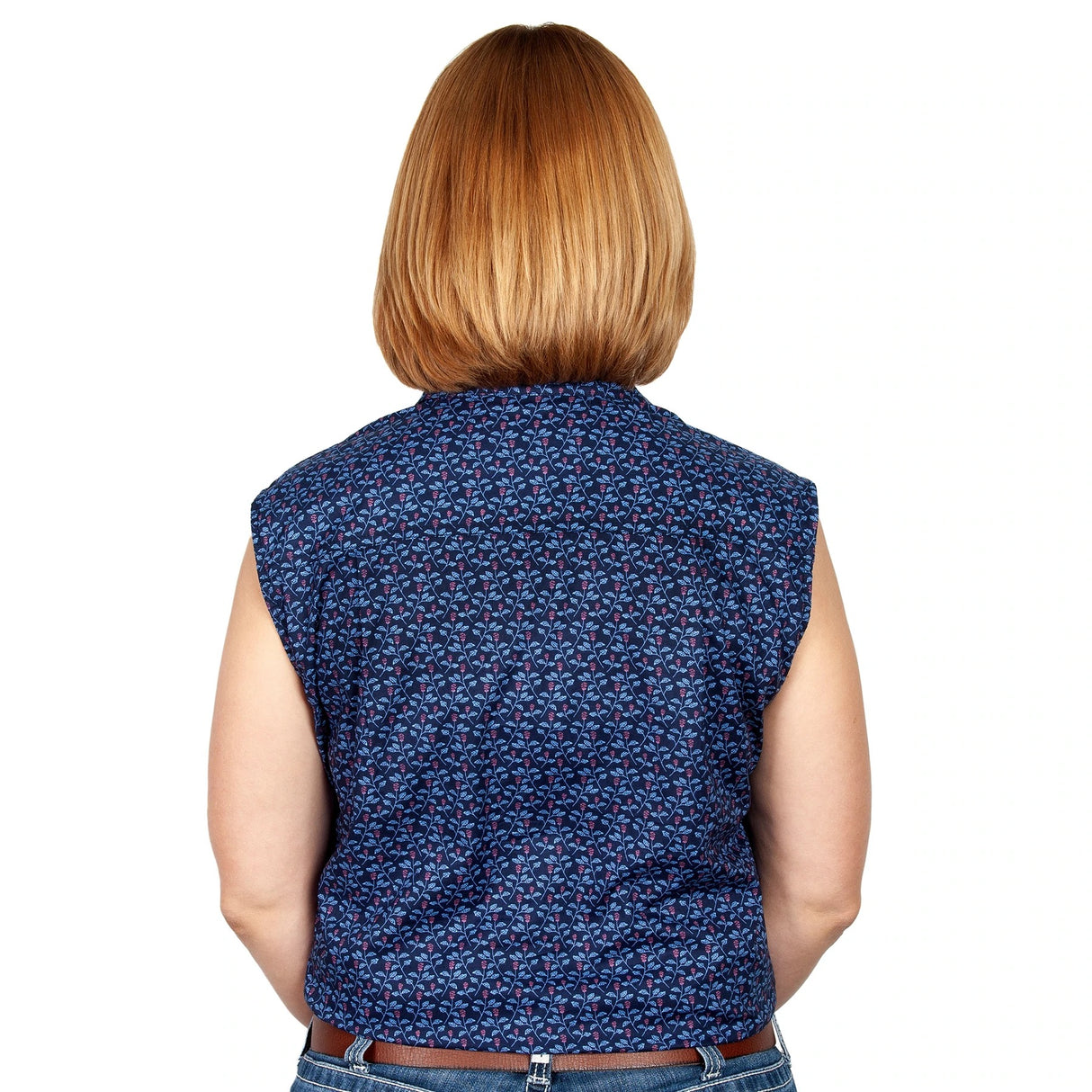 Just Country Ladies Lilly Sleeveless 1/2 button shirt-Navy Thistles WWNS2193