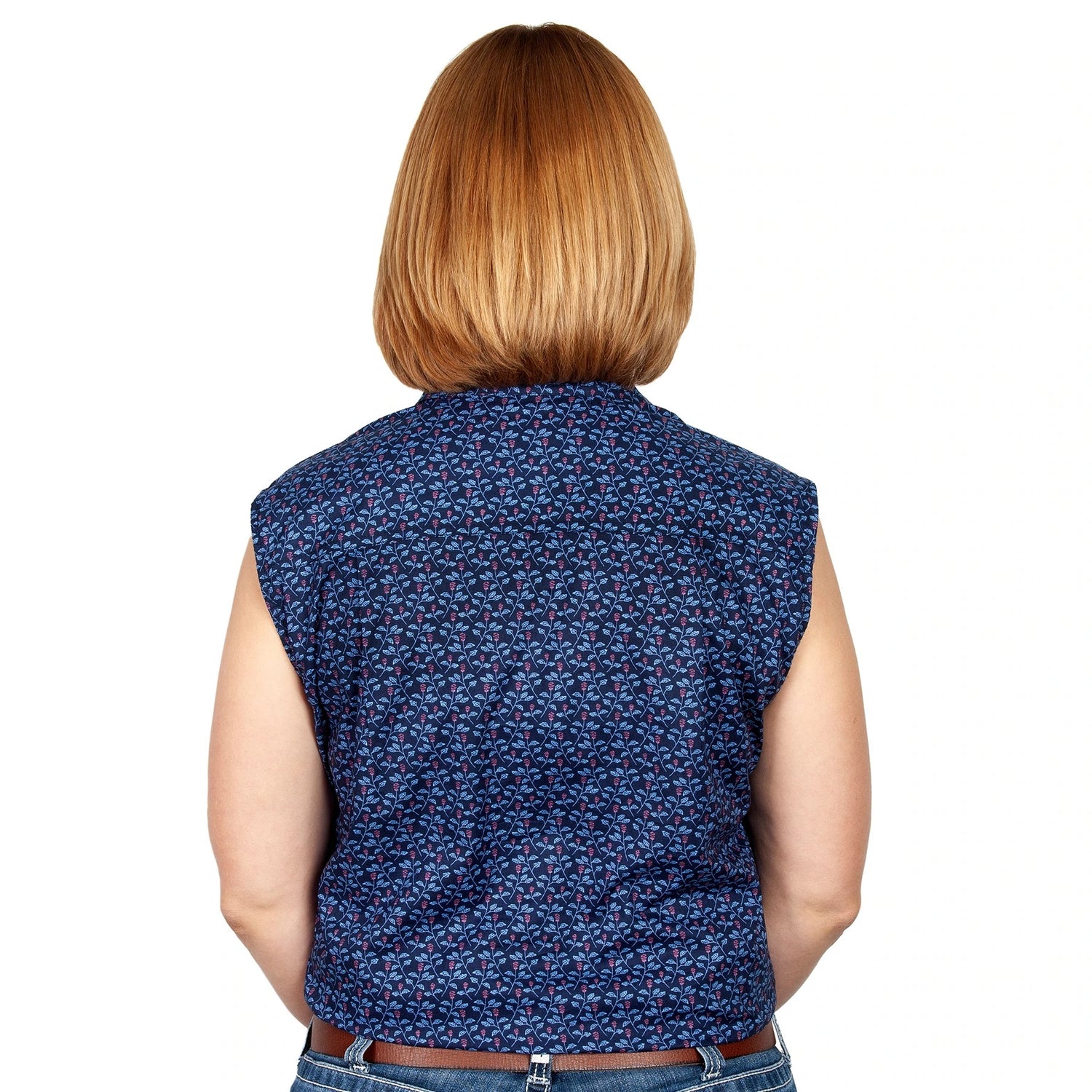 Just Country Ladies Lilly Sleeveless 1/2 button shirt-Navy Thistles WWNS2193