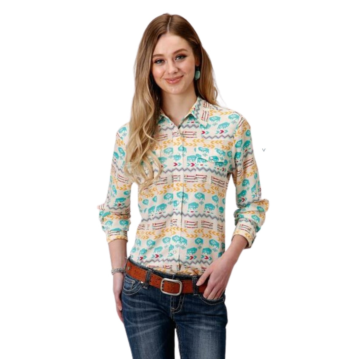 Roper Ladies White Buffalo Roam Print Long Sleeve Shirt