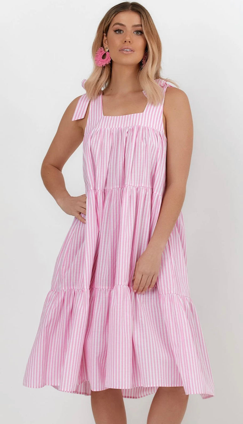 Adorne Poppy Stripe Tie Dress in Pink - Black - Red