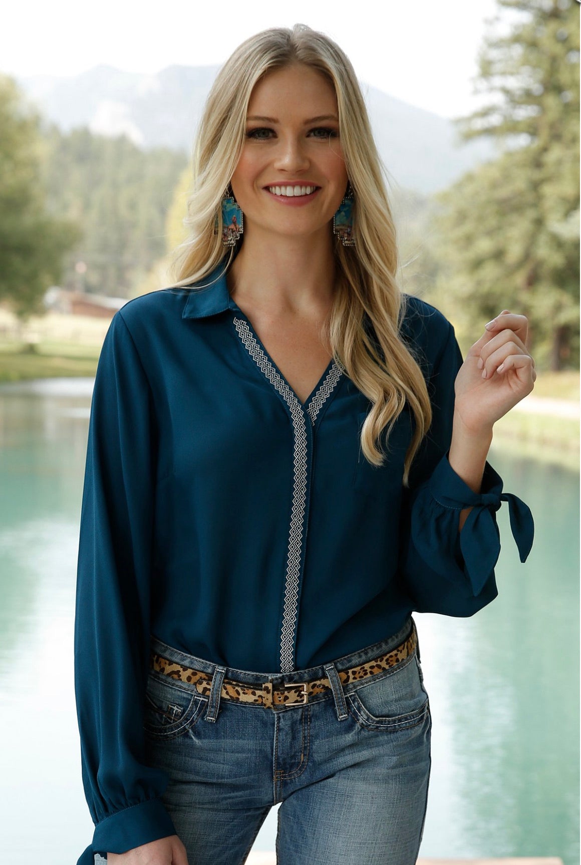 Cruel Girl Ladies Dark Teal with Embroidered Trim Shirt