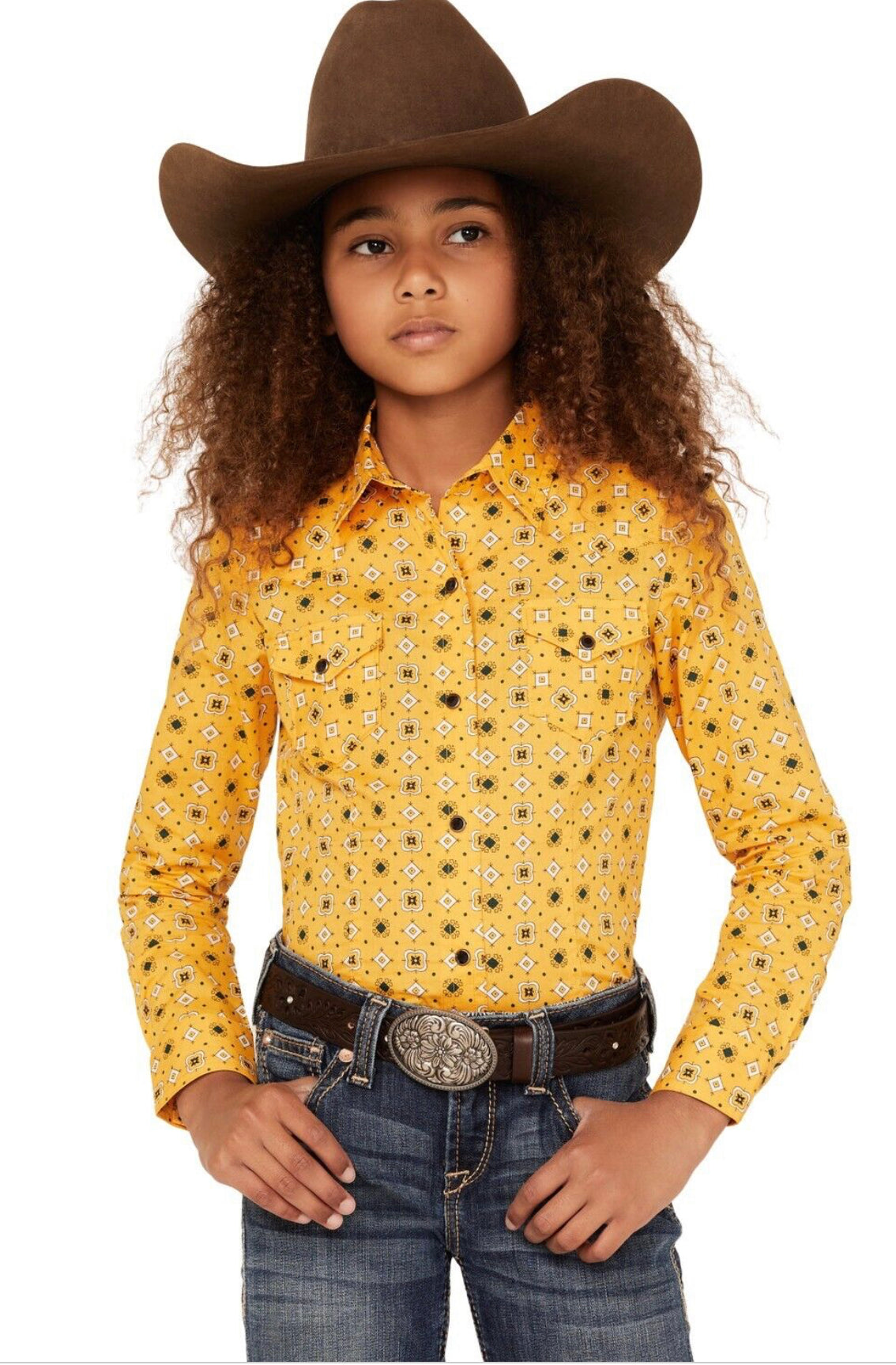 Cruel Girl Girls Geo Print L/S Western Snap Shirt - Gold