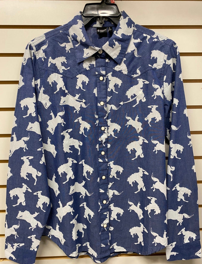 Cruel Girl Ladies Chambray Shirt With Horse Patteren
