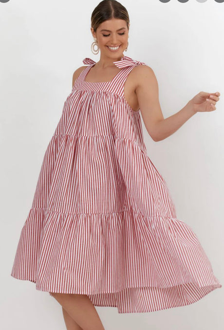 Adorne Poppy Stripe Tie Dress in Pink - Black - Red