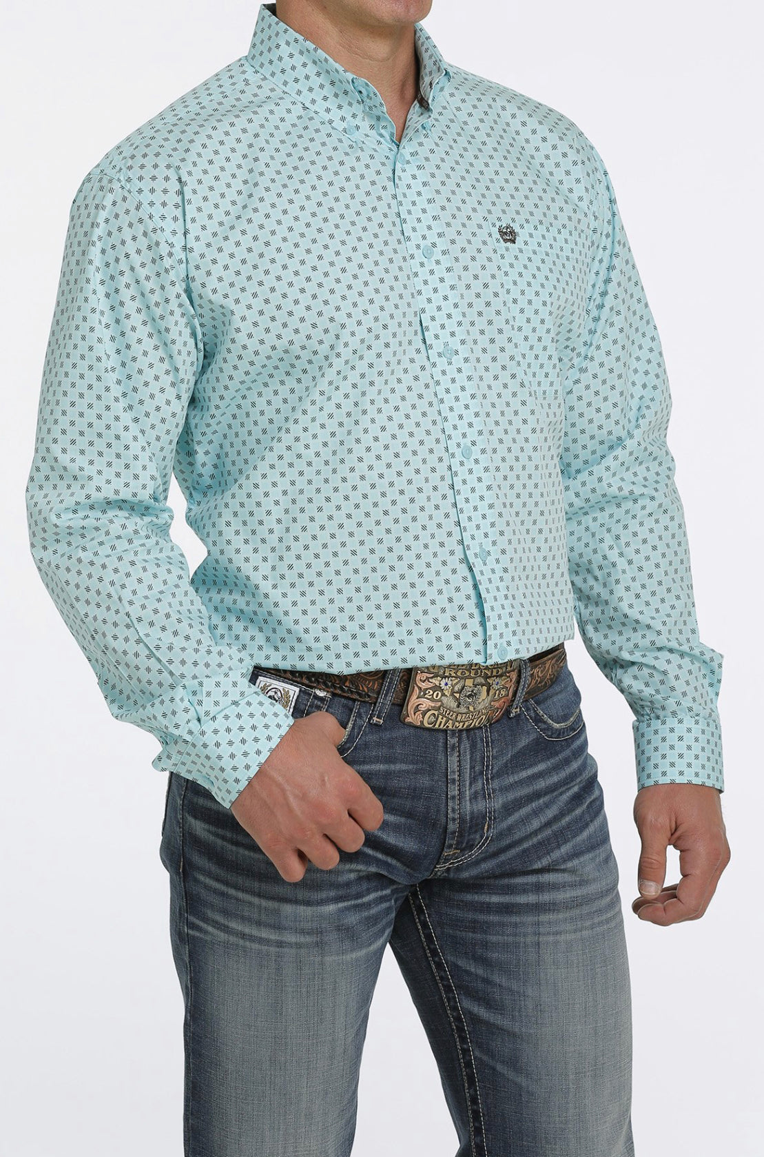Cinch Mens Square Print Aqua Shirt MTW1105436